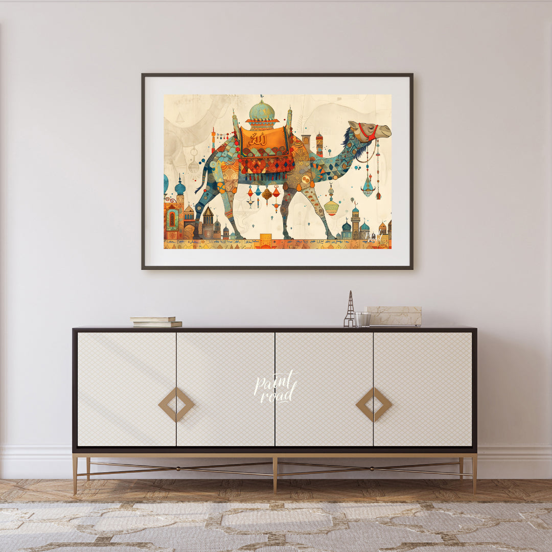 This beautiful art depicts a vibrantly adorned camel, laden with colorful textiles and trinkets, em… for living room
