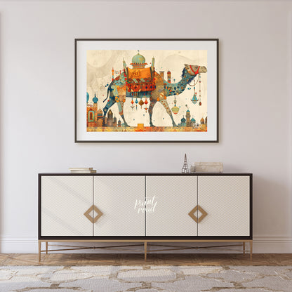 This beautiful art depicts a vibrantly adorned camel, laden with colorful textiles and trinkets, em… for living room