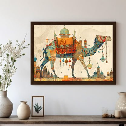 This beautiful art depicts a vibrantly adorned camel, laden with colorful textiles and trinkets, em… for living room