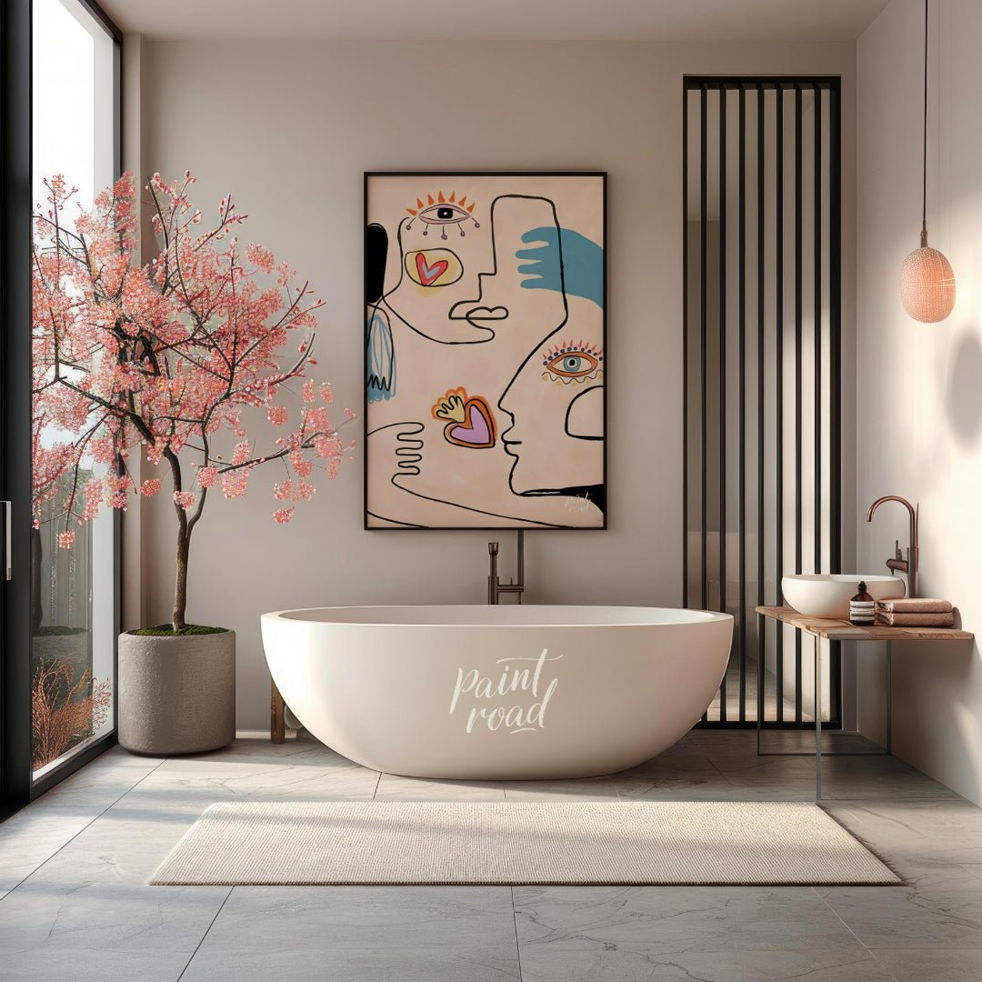 This contemporary artwork by Carlo Amen features two stylized, abstract faces rendered with clean l… for bathroom