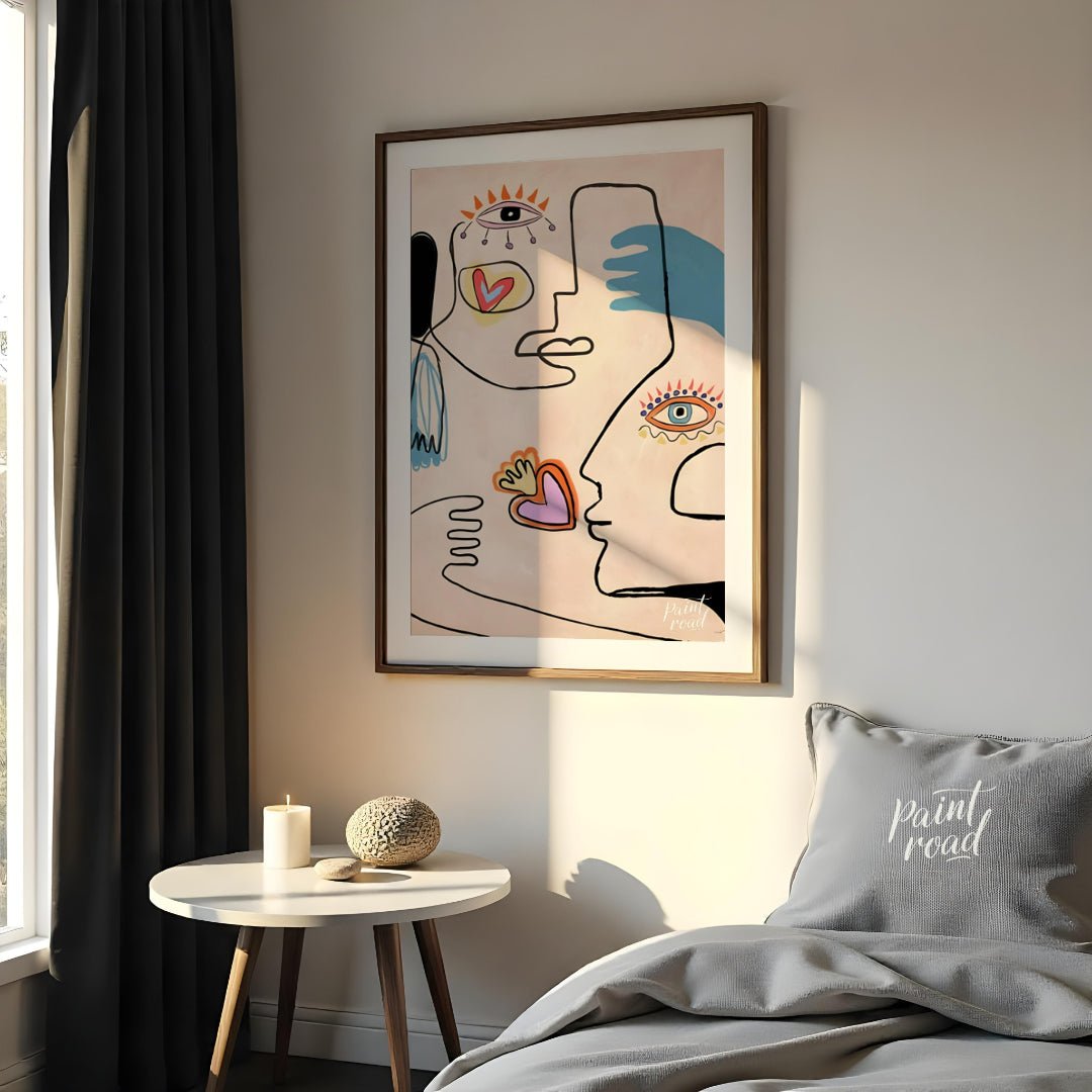 This contemporary artwork by Carlo Amen features two stylized, abstract faces rendered with clean l… for bedroom