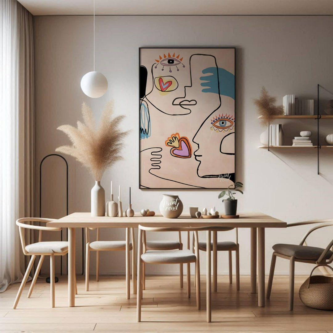 This contemporary artwork by Carlo Amen features two stylized, abstract faces rendered with clean l… for dining room