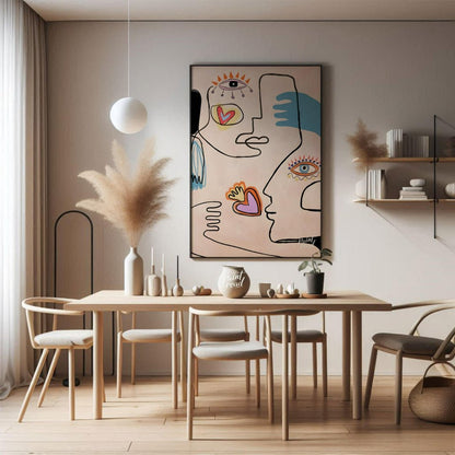 This contemporary artwork by Carlo Amen features two stylized, abstract faces rendered with clean l… for dining room