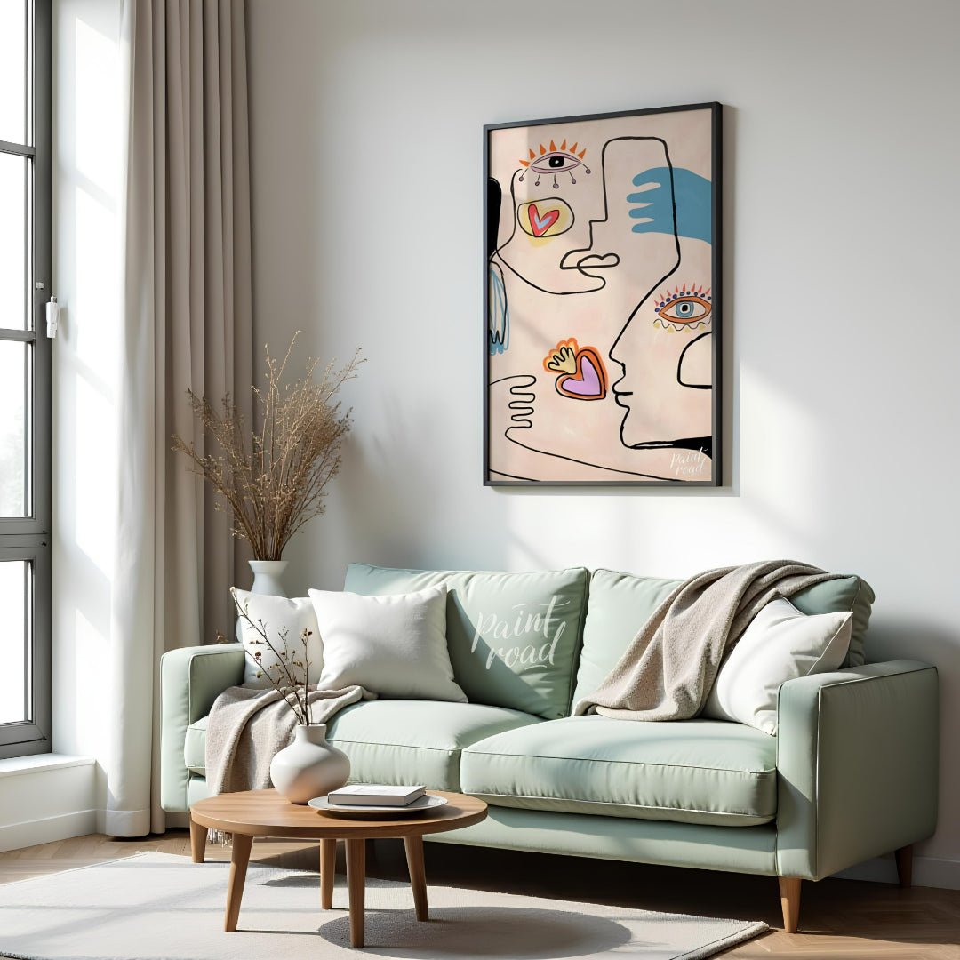 This contemporary artwork by Carlo Amen features two stylized, abstract faces rendered with clean l… for living room