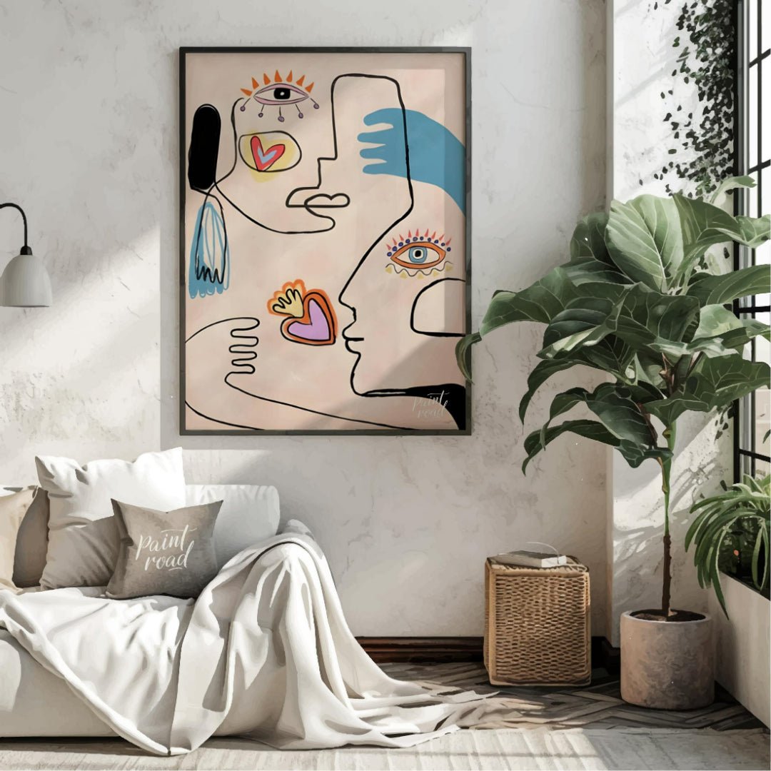 This contemporary artwork by Carlo Amen features two stylized, abstract faces rendered with clean l… for living room