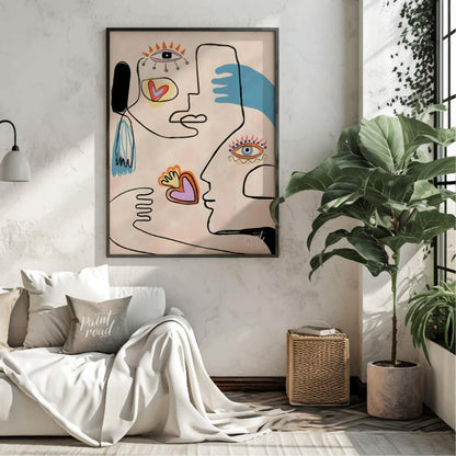 This contemporary artwork by Carlo Amen features two stylized, abstract faces rendered with clean l… for living room