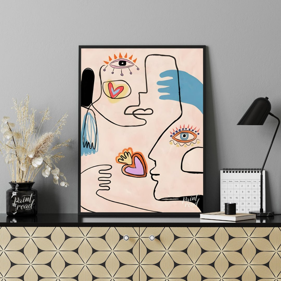 This contemporary artwork by Carlo Amen features two stylized, abstract faces rendered with clean l… for office
