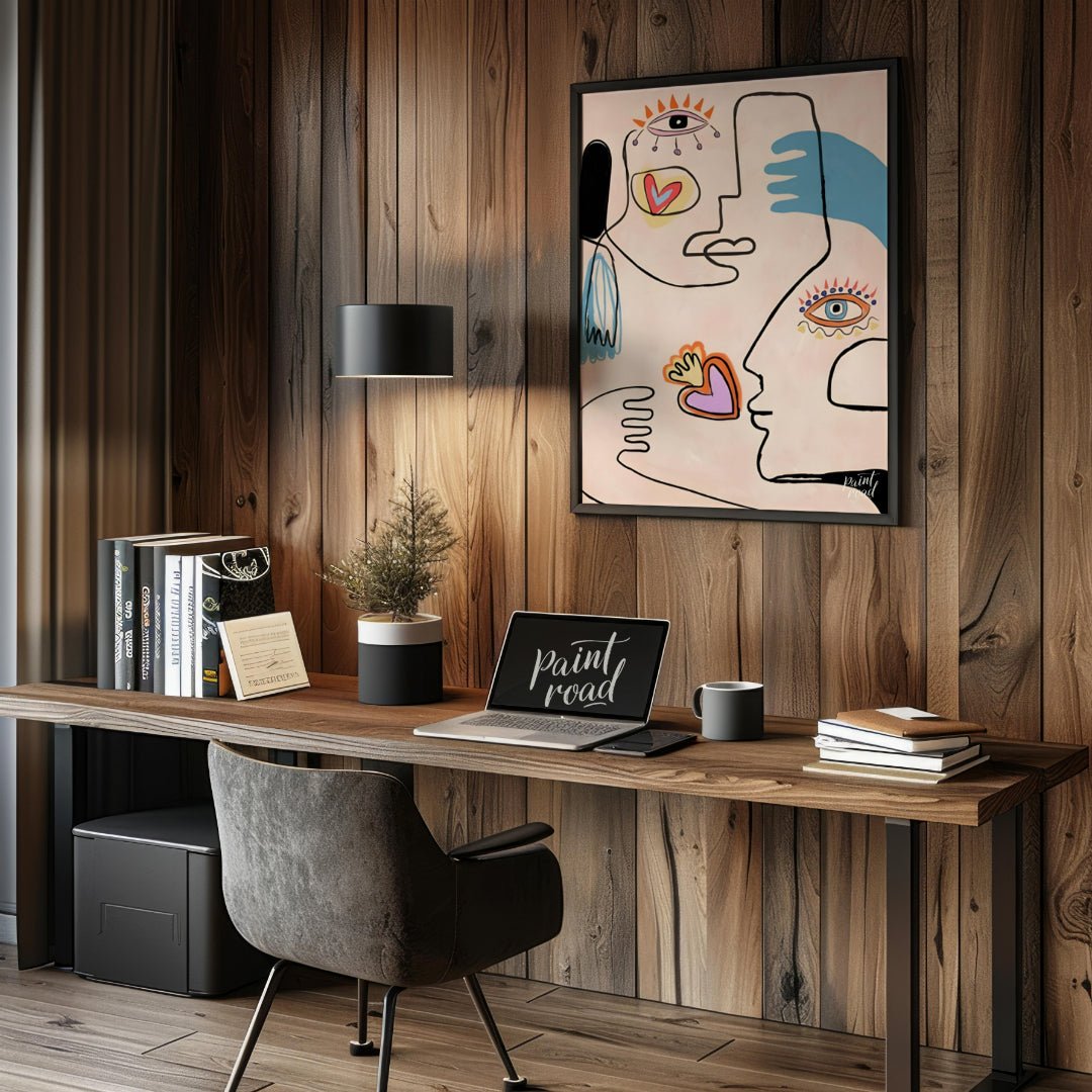 This contemporary artwork by Carlo Amen features two stylized, abstract faces rendered with clean l… for office