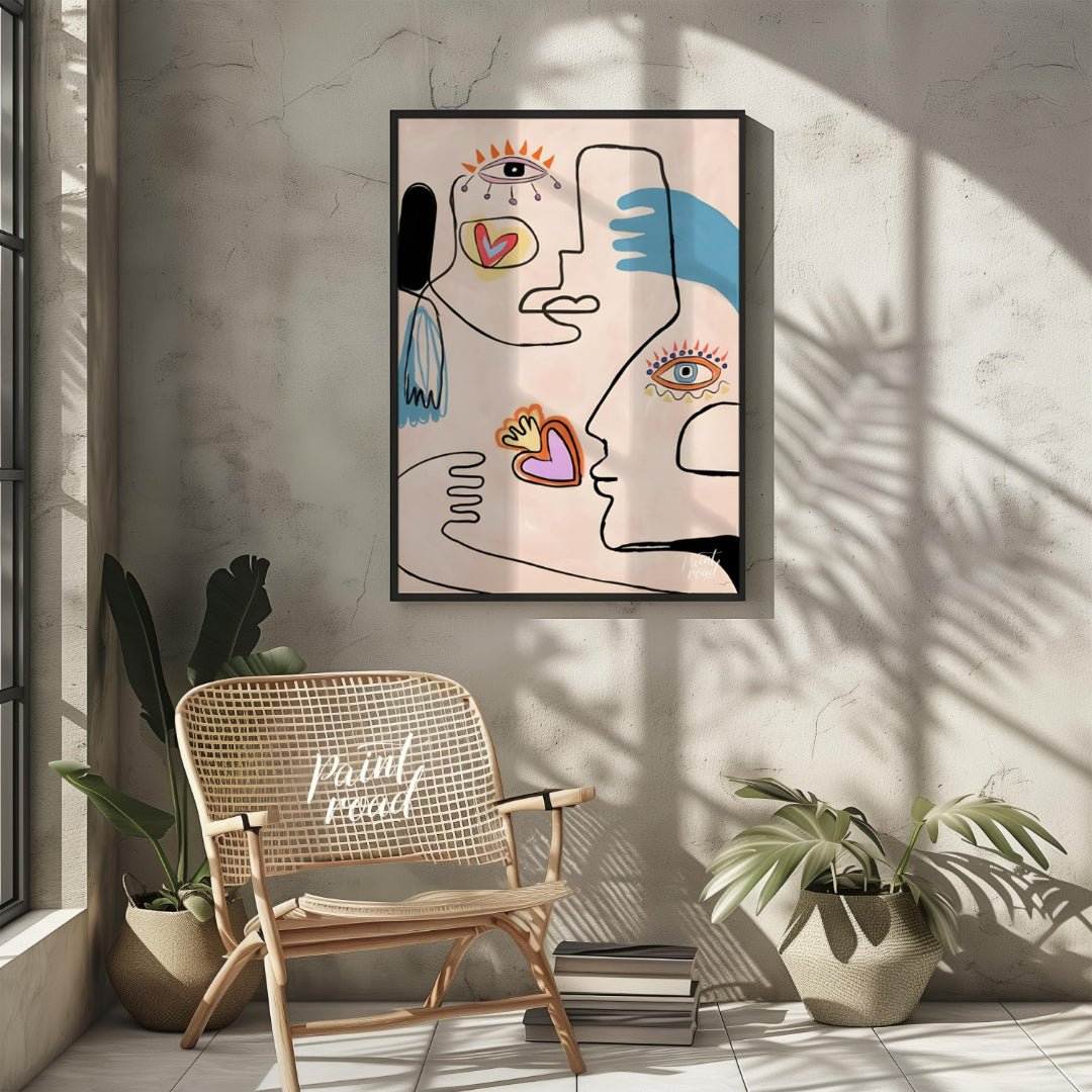 This contemporary artwork by Carlo Amen features two stylized, abstract faces rendered with clean l… for other