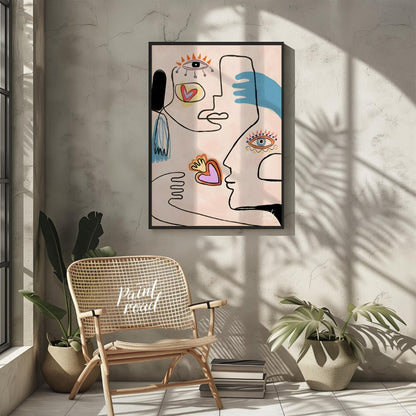 This contemporary artwork by Carlo Amen features two stylized, abstract faces rendered with clean l… for other