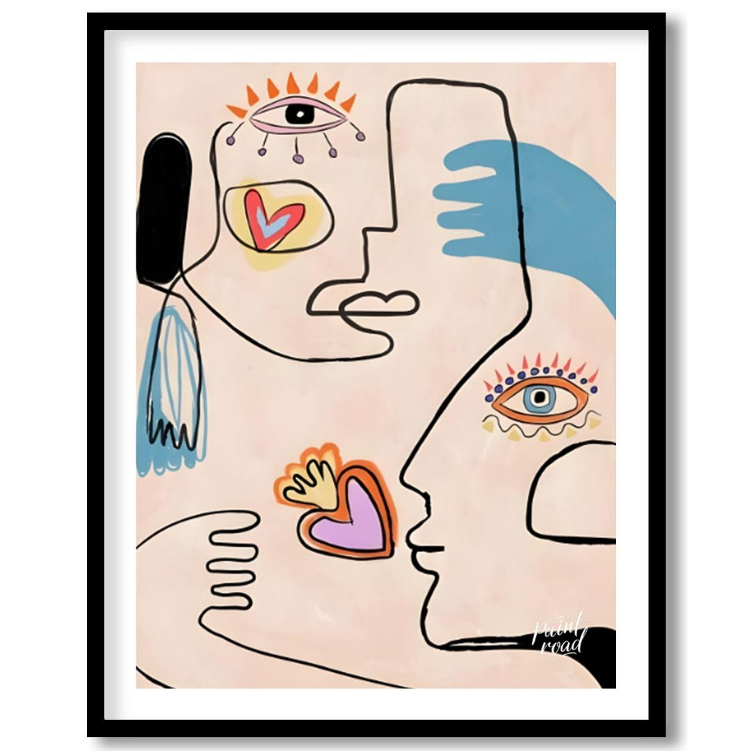 This contemporary artwork by Carlo Amen features two stylized, abstract faces rendered with clean l… for space