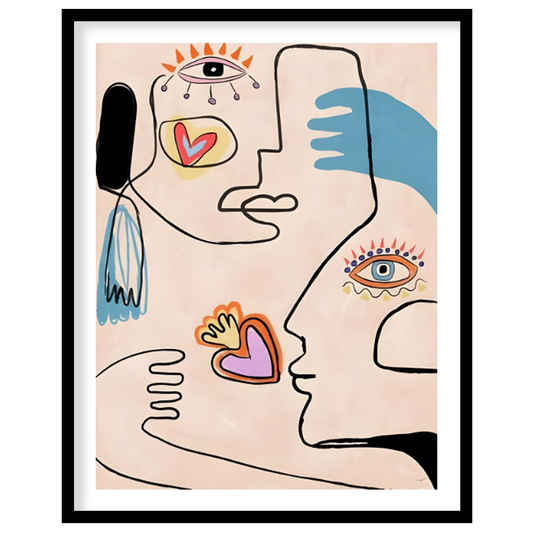 This contemporary artwork by Carlo Amen features two stylized, abstract faces rendered with clean l… for space
