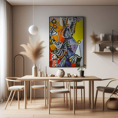 This striking and colorful painting by Pablo Picasso showcases a “Cavalier with Pipe,” a recurring … for dining room