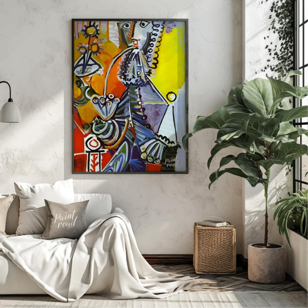 This striking and colorful painting by Pablo Picasso showcases a “Cavalier with Pipe,” a recurring … for living room