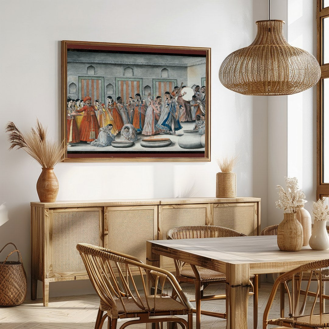 Invite the rich hues of tradition into your space with this captivating artwork depicting a lively for Dining