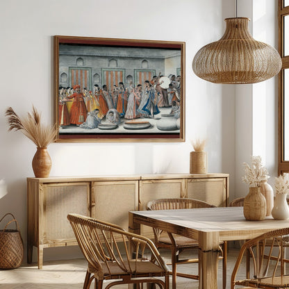 Invite the rich hues of tradition into your space with this captivating artwork depicting a lively for Dining
