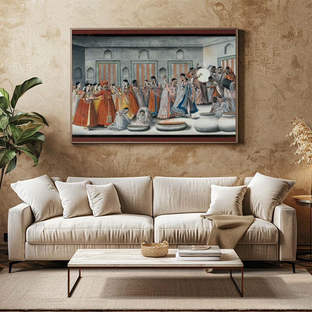 Invite the rich hues of tradition into your space with this captivating artwork depicting a lively for Family Room