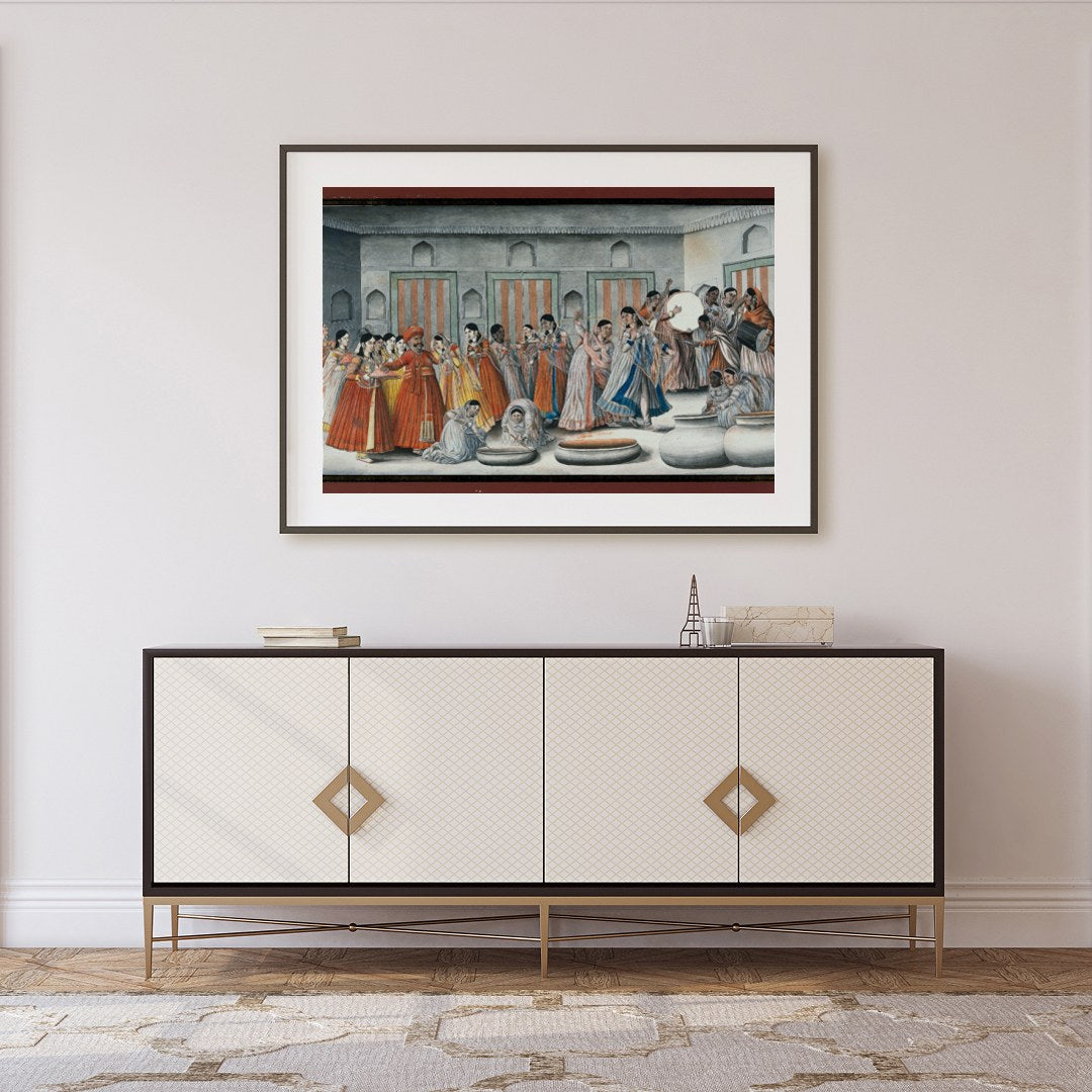 Invite the rich hues of tradition into your space with this captivating artwork depicting a lively for Foyer
