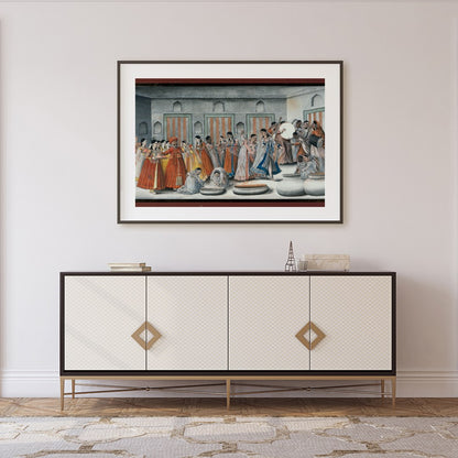 Invite the rich hues of tradition into your space with this captivating artwork depicting a lively for Foyer