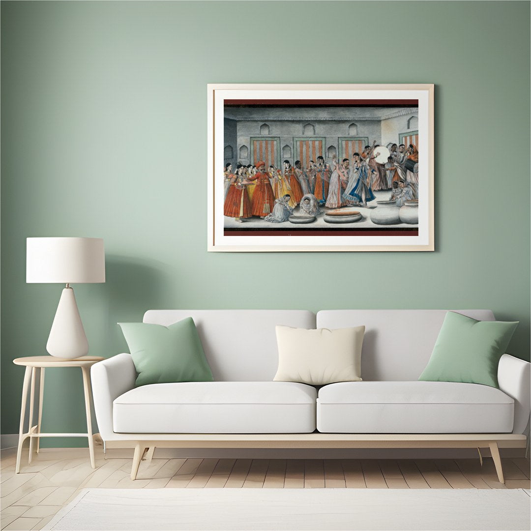 Invite the rich hues of tradition into your space with this captivating artwork depicting a lively for Hall
