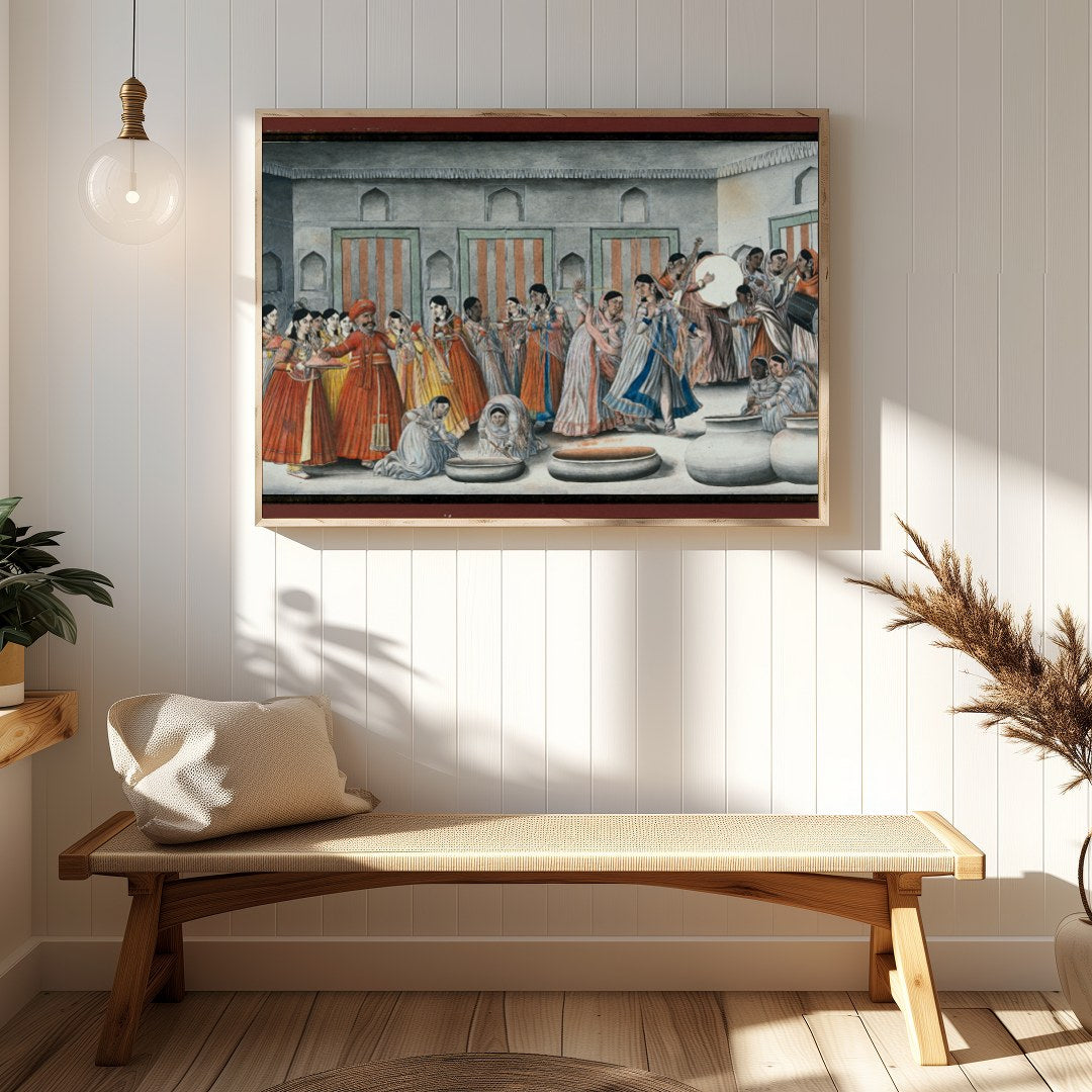 Invite the rich hues of tradition into your space with this captivating artwork depicting a lively for Hallway