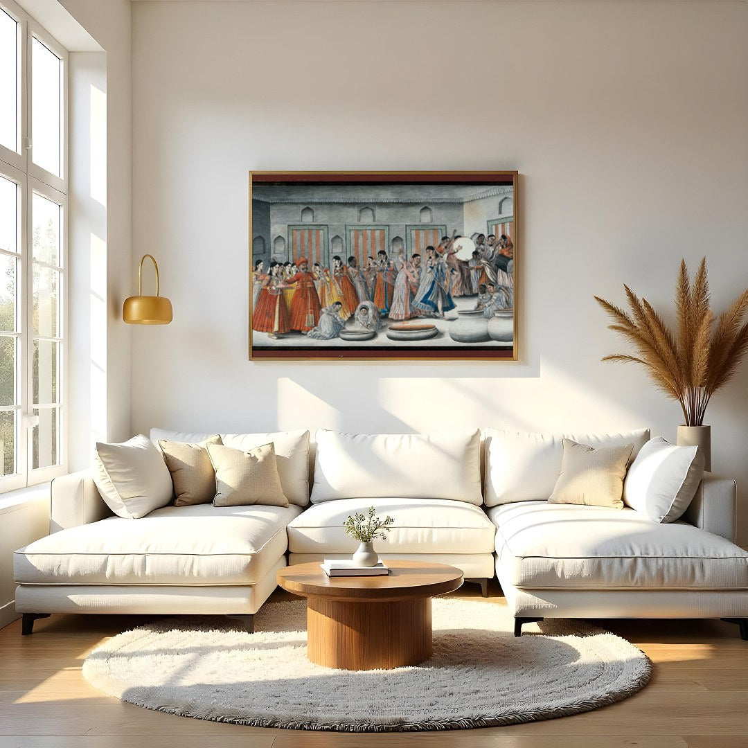 Invite the rich hues of tradition into your space with this captivating artwork depicting a lively for Living Room