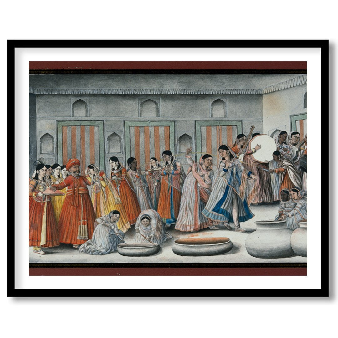 Invite the rich hues of tradition into your space with this captivating artwork depicting a lively for place
