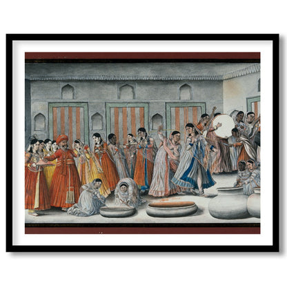 Invite the rich hues of tradition into your space with this captivating artwork depicting a lively for place