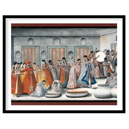 Invite the rich hues of tradition into your space with this captivating artwork depicting a lively for place