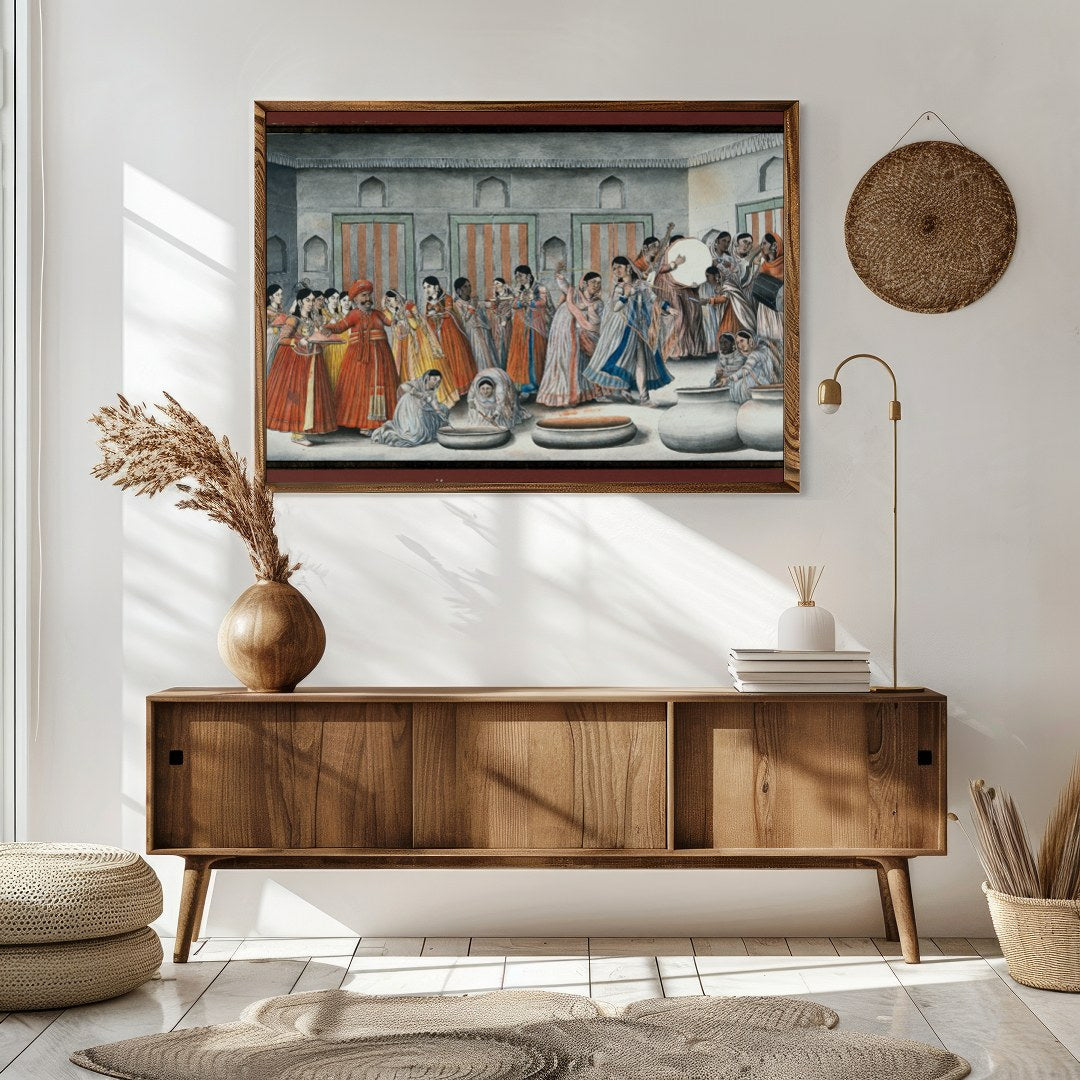 Invite the rich hues of tradition into your space with this captivating artwork depicting a lively for Sitting Area