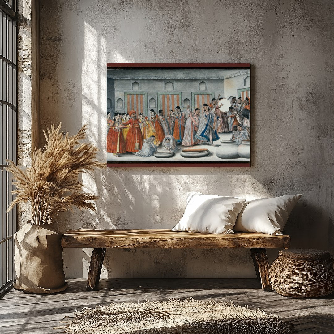 Invite the rich hues of tradition into your space with this captivating artwork depicting a lively for Veranda