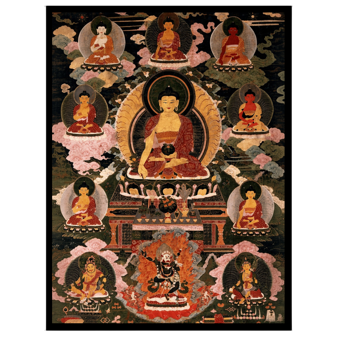 Immerse yourself in the serene beauty of traditional Thangka art with this exquisite depiction of for abode