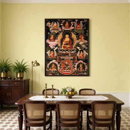 Immerse yourself in the serene beauty of traditional Thangka art with this exquisite depiction of for Dining