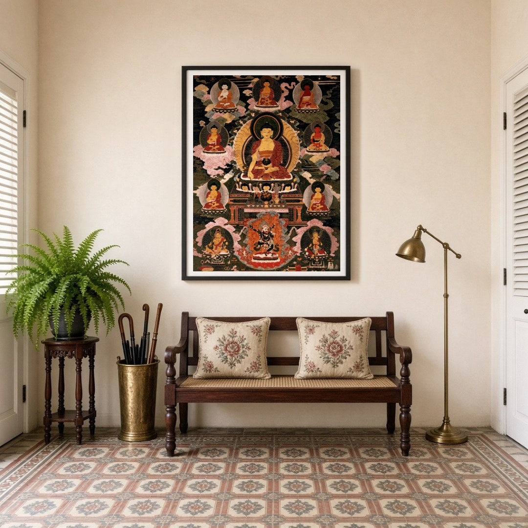 Immerse yourself in the serene beauty of traditional Thangka art with this exquisite depiction of for Entrance