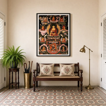 Immerse yourself in the serene beauty of traditional Thangka art with this exquisite depiction of for Entrance