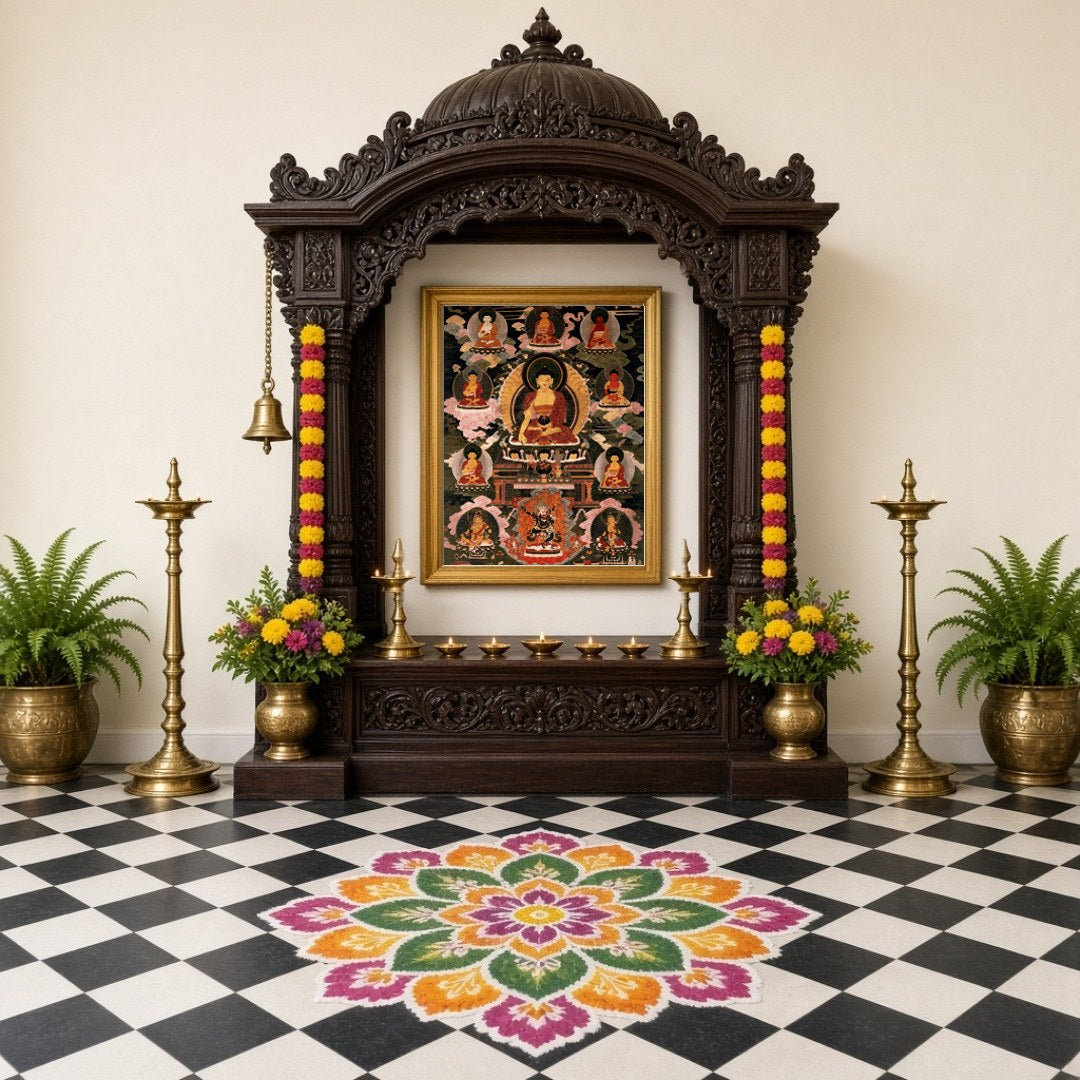 Immerse yourself in the serene beauty of traditional Thangka art with this exquisite depiction of for Home Temple
