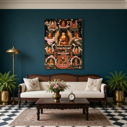 Immerse yourself in the serene beauty of traditional Thangka art with this exquisite depiction of for Living Room