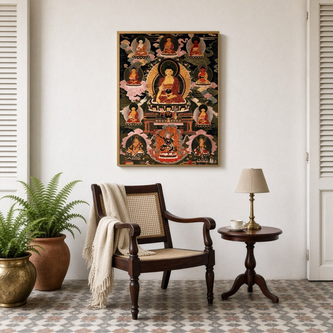 Immerse yourself in the serene beauty of traditional Thangka art with this exquisite depiction of for Sitting Lounge