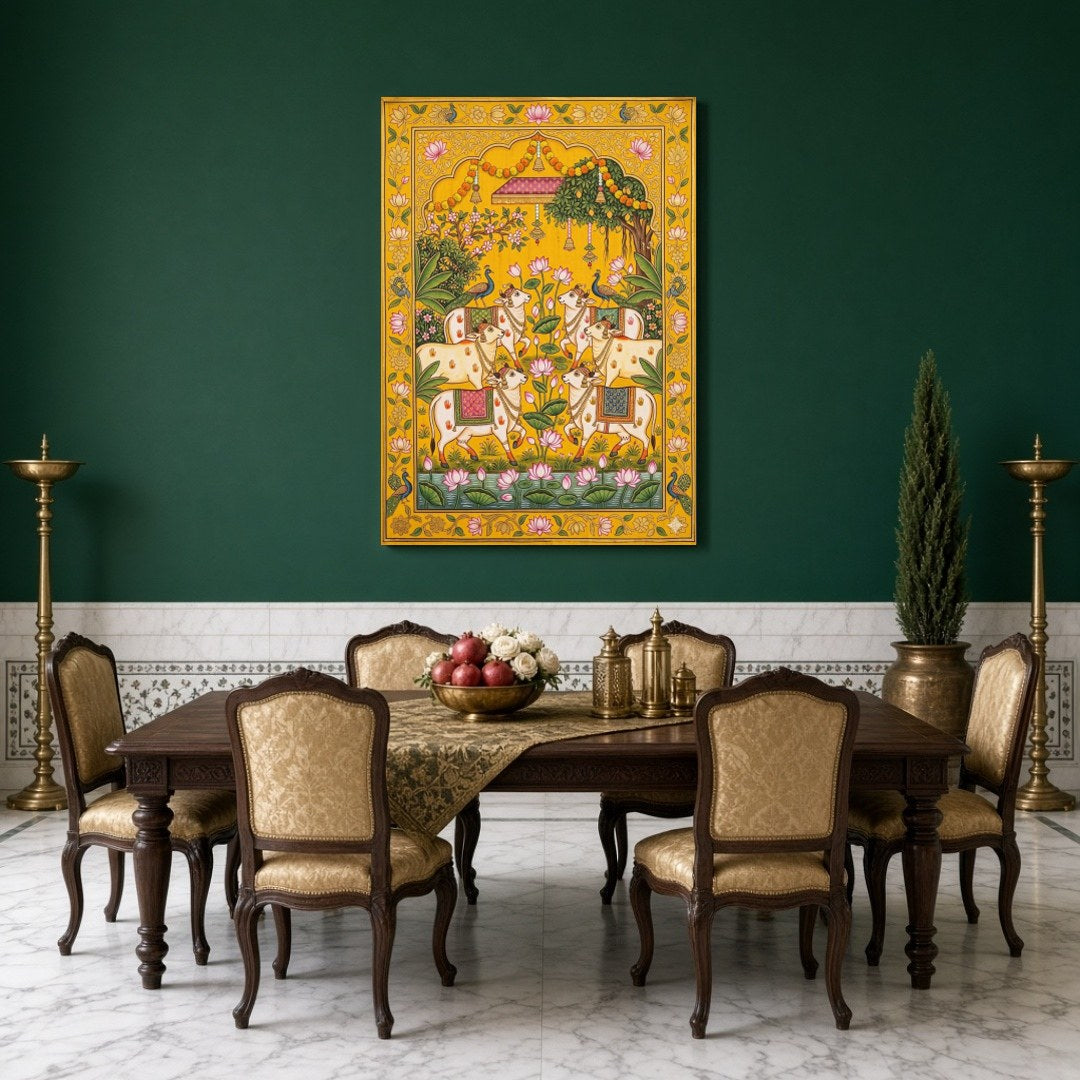Immerse yourself in the timeless beauty of Pichwai art with this stunning depiction of sacred cows for Dining