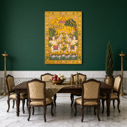 Immerse yourself in the timeless beauty of Pichwai art with this stunning depiction of sacred cows for Dining
