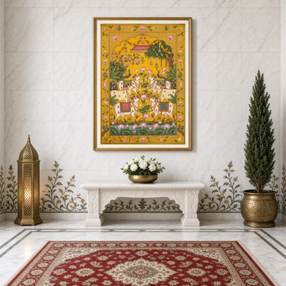 Immerse yourself in the timeless beauty of Pichwai art with this stunning depiction of sacred cows for Entrance