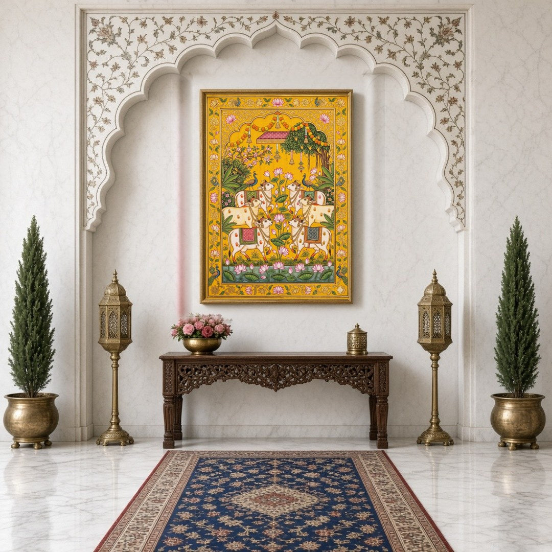 Immerse yourself in the timeless beauty of Pichwai art with this stunning depiction of sacred cows for Hallway