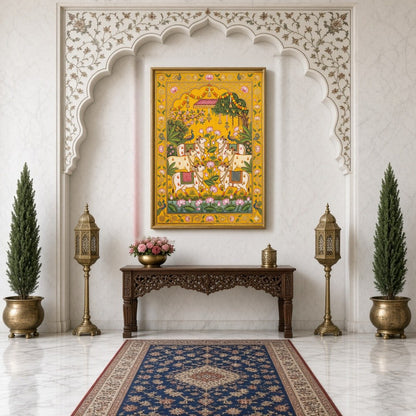Immerse yourself in the timeless beauty of Pichwai art with this stunning depiction of sacred cows for Hallway