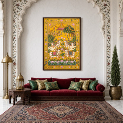 Immerse yourself in the timeless beauty of Pichwai art with this stunning depiction of sacred cows for Living Room