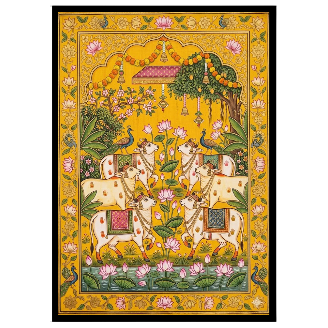 Immerse yourself in the timeless beauty of Pichwai art with this stunning depiction of sacred cows for office
