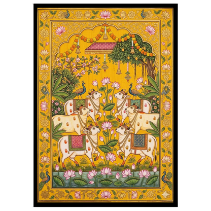 Immerse yourself in the timeless beauty of Pichwai art with this stunning depiction of sacred cows for office