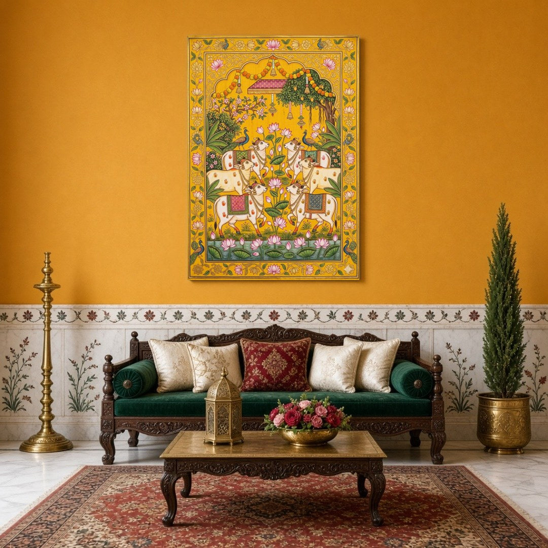 Immerse yourself in the timeless beauty of Pichwai art with this stunning depiction of sacred cows for Sitting Area