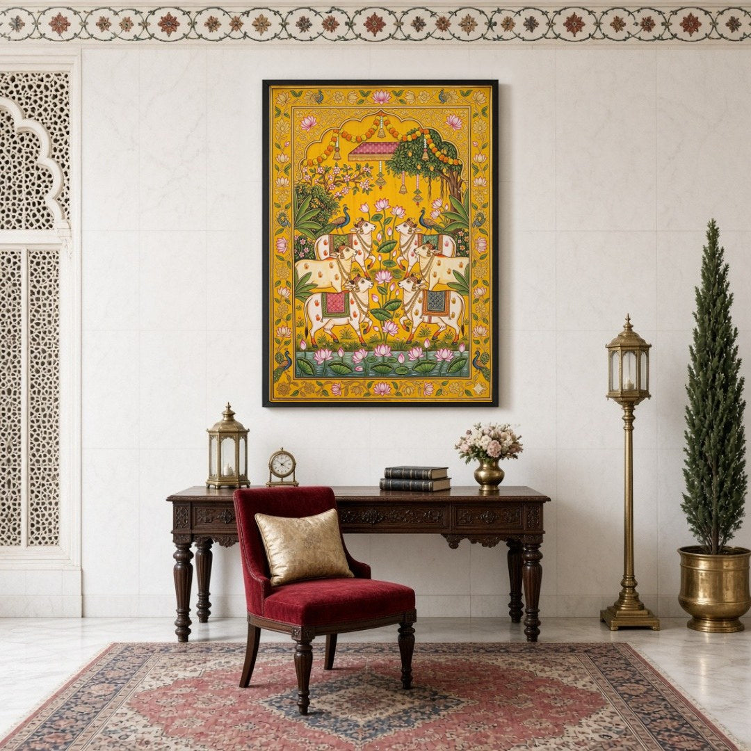 Immerse yourself in the timeless beauty of Pichwai art with this stunning depiction of sacred cows for Study