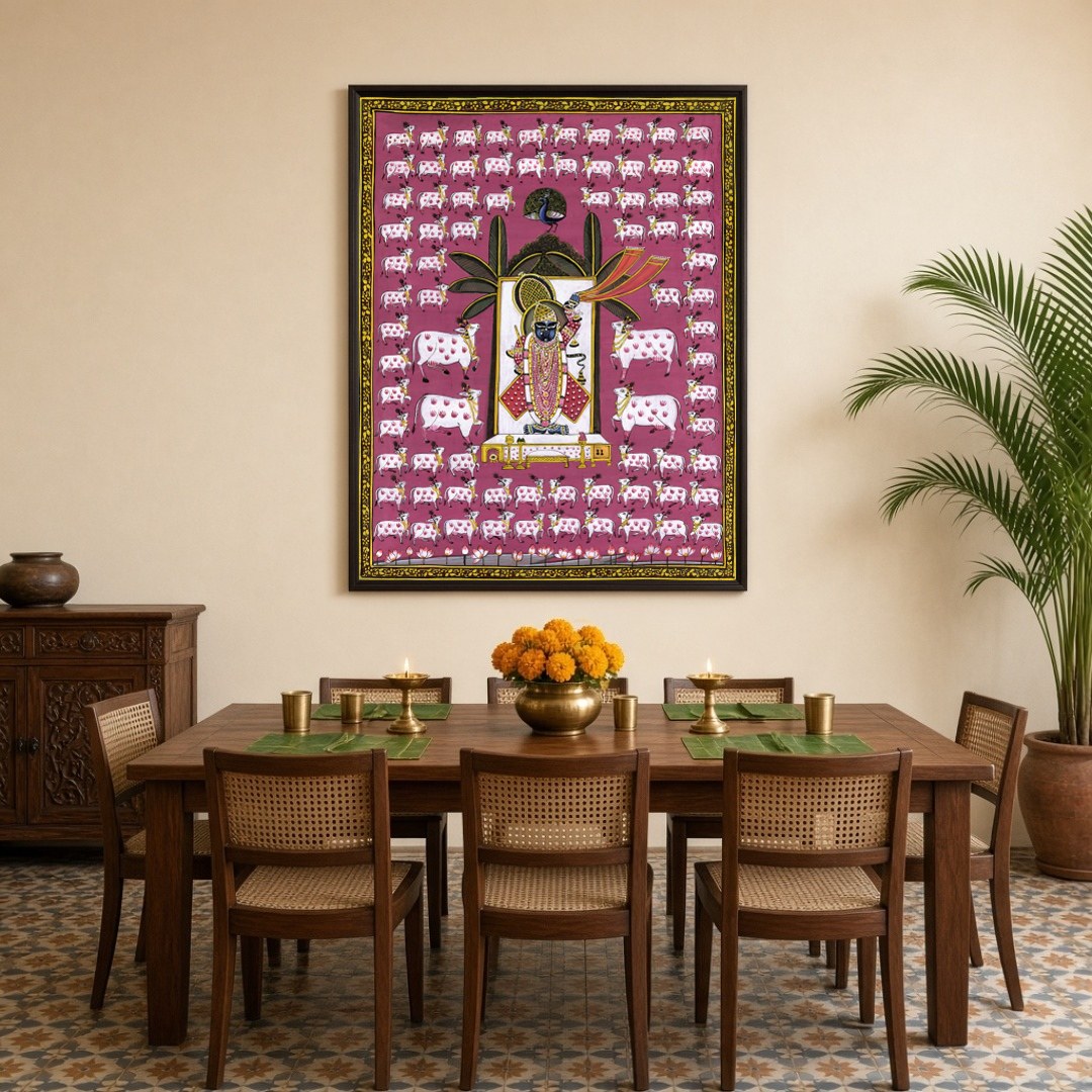 Immerse your space in the enchanting world of Pichwai with this captivating artwork featuring for Dining
