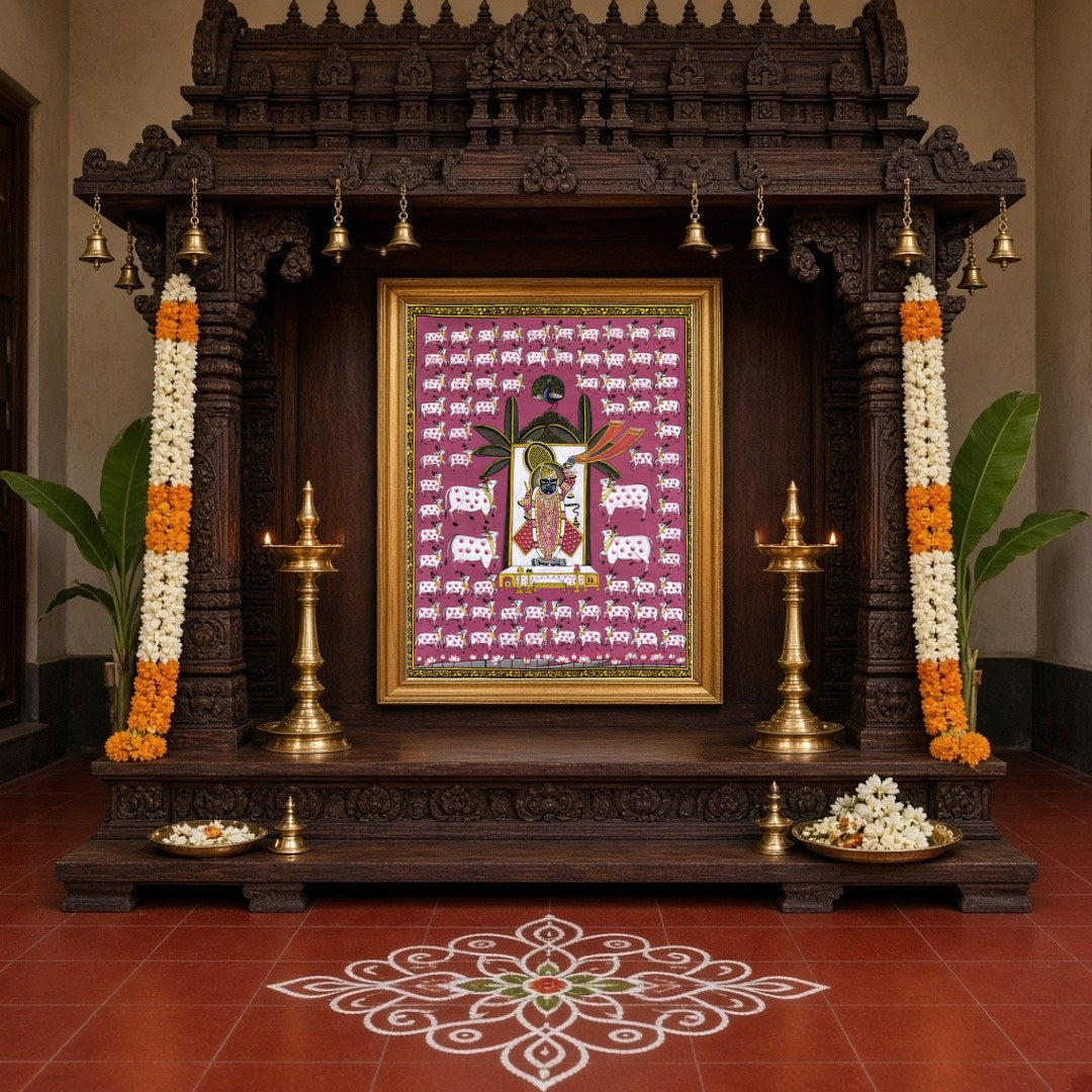Immerse your space in the enchanting world of Pichwai with this captivating artwork featuring for Home Temple